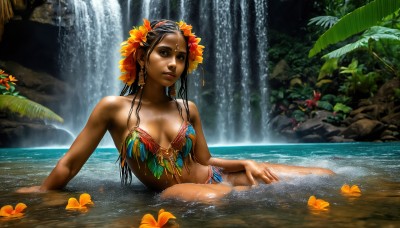 HQ,1girl,solo,long hair,breasts,brown hair,black hair,hair ornament,navel,cleavage,bare shoulders,brown eyes,jewelry,medium breasts,sitting,collarbone,swimsuit,flower,bikini,earrings,outdoors,parted lips,day,hair flower,dark skin,water,dark-skinned female,tree,lips,wet,bare arms,strapless,arm support,leaf,looking away,plant,nature,breasts apart,partially submerged,rock,realistic,nose,palm tree,hibiscus,reclining,waterfall,orange flower,dreadlocks,looking at viewer,watermark,on side,facial mark,beach,feathers,forehead jewel