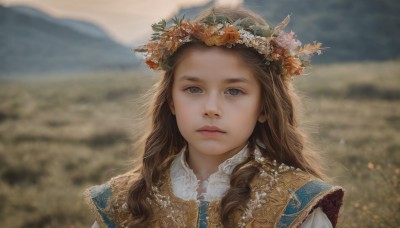 1girl,solo,long hair,looking at viewer,blue eyes,brown hair,hair ornament,closed mouth,upper body,flower,outdoors,day,hair flower,blurry,lips,grey eyes,depth of field,blurry background,expressionless,portrait,curly hair,mountain,realistic,nose,head wreath,field,sky,forehead