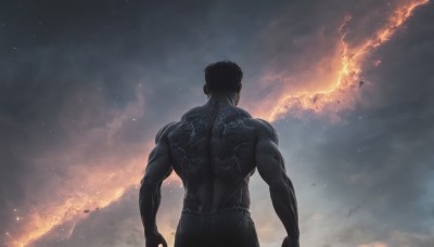 solo,short hair,black hair,1boy,standing,male focus,outdoors,sky,pants,cloud,from behind,tattoo,muscular,back,cloudy sky,fire,muscular male,bara,topless male,arms at sides,facing away,back tattoo,upper body,star (sky),mature male