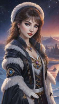 1girl,solo,long hair,breasts,looking at viewer,smile,bangs,blue eyes,brown hair,long sleeves,hat,dress,cleavage,jewelry,medium breasts,closed mouth,standing,earrings,small breasts,outdoors,open clothes,sky,signature,necklace,lips,coat,fur trim,eyelashes,makeup,night,lipstick,brooch,gem,star (sky),night sky,corset,snow,pendant,starry sky,open coat,black coat,snowing,mountain,nose,winter clothes,red lips,watercraft,winter,fur-trimmed coat,ship,upper body,artist name,watermark,building,realistic,mascara