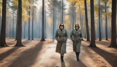 long hair,looking at viewer,smile,short hair,multiple girls,brown hair,black hair,2girls,closed mouth,standing,boots,outdoors,day,belt,pants,black footwear,uniform,black eyes,tree,coat,military,military uniform,buttons,shadow,sunlight,nature,forest,walking,hands in pockets,double-breasted,road,1girl,gloves,1boy,multiple boys,2boys,facial hair,sunglasses,science fiction,realistic,long coat,trench coat