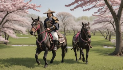 solo,brown hair,1boy,hat,weapon,male focus,boots,outdoors,japanese clothes,day,sword,armor,tree,animal,grass,cherry blossoms,sheath,scenery,sheathed,riding,japanese armor,horse,samurai,horseback riding,reins,saddle,black hair,long sleeves,holding,closed mouth,sky,pants,kimono,black footwear,holding weapon,blue sky,scar,sunlight,scar on face,white pants,field,wide shot