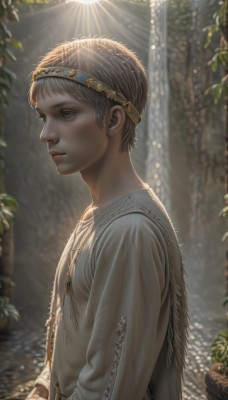 solo,short hair,brown hair,shirt,long sleeves,1boy,brown eyes,jewelry,closed mouth,upper body,male focus,outdoors,day,necklace,blurry,from side,lips,headband,leaf,sunlight,plant,androgynous,realistic,nose,very short hair,blonde hair,artist name,profile,looking away,looking afar