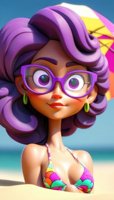 1girl,solo,long hair,breasts,looking at viewer,blush,smile,cleavage,bare shoulders,jewelry,medium breasts,closed mouth,purple eyes,collarbone,swimsuit,upper body,purple hair,bikini,earrings,small breasts,outdoors,sky,glasses,day,dark skin,blurry,blue sky,lips,eyelashes,makeup,blurry background,ocean,umbrella,beach,lipstick,multicolored clothes,eyeshadow,personification,beach umbrella,multicolored bikini,purple-framed eyewear,multicolored stripes,multicolored hair,artist name,depth of field,watermark,bikini top only,hoop earrings,strap gap,print bikini