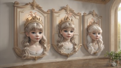 1girl,solo,long hair,looking at viewer,bangs,blue eyes,blonde hair,jewelry,closed mouth,flower,white hair,earrings,lips,window,bird,tiara,crown,plant,portrait,reflection,mirror,realistic,potted plant,portrait (object),blush,indoors,necklace,multiple views,sunlight,vase,painting (object)