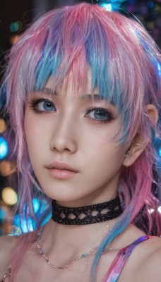 1girl,solo,long hair,looking at viewer,bangs,blue eyes,bare shoulders,jewelry,closed mouth,blue hair,collarbone,upper body,pink hair,multicolored hair,earrings,choker,necklace,blurry,two-tone hair,lips,looking to the side,eyelashes,gradient hair,depth of field,blurry background,black choker,looking away,piercing,ear piercing,portrait,close-up,freckles,pink lips,realistic,nose,stud earrings,bokeh,sidelocks,parted lips,artist name,streaked hair,wet,makeup,lens flare,water drop