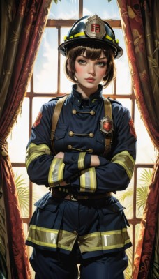 1girl,solo,looking at viewer,short hair,bangs,brown hair,long sleeves,hat,brown eyes,closed mouth,standing,jacket,cowboy shot,day,belt,pants,indoors,mole,uniform,lips,grey eyes,military,mole under eye,window,military uniform,buttons,crossed arms,helmet,curtains,blue jacket,armband,epaulettes,military hat,nose,medal,blush,realistic