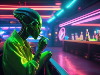 solo,shirt,gloves,1boy,holding,sitting,jacket,upper body,male focus,indoors,blurry,from side,profile,blurry background,colored skin,bottle,robot,alcohol,smoke,science fiction,cigarette,smoking,green skin,stool,cyborg,alien,holding cigarette,bar (place),cyberpunk,humanoid robot,neon lights,bar stool,helmet