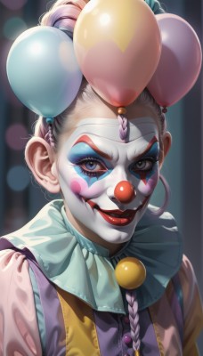 1girl,solo,long hair,looking at viewer,smile,blue eyes,shirt,closed mouth,upper body,braid,white hair,heart,frills,teeth,hair bun,blurry,black eyes,vest,lips,eyelashes,makeup,mask,blurry background,facial mark,lipstick,eyeshadow,red lips,facepaint,balloon,mascara,neck ruff,holding balloon,clown,purple hair,pale skin,portrait,asymmetrical hair