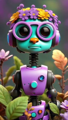 solo,looking at viewer,standing,flower,artist name,hair flower,blurry,no humans,blurry background,headphones,leaf,plant,robot,mecha,purple flower,humanoid robot,non-humanoid robot,hair ornament,upper body,tree,depth of field,frown,science fiction,mechanization