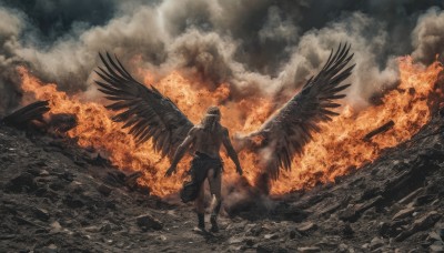 solo,1boy,holding,standing,weapon,male focus,outdoors,wings,sky,cloud,from behind,gun,muscular,fire,feathered wings,smoke,black wings,topless male,explosion,burning,destruction,barefoot,pants,torn clothes,cloudy sky,walking,crow,spread wings