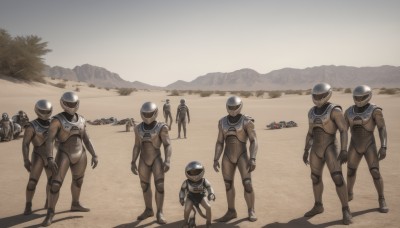 standing,weapon,male focus,outdoors,multiple boys,armor,uniform,tree,gun,military,bodysuit,military uniform,helmet,rifle,walking,science fiction,6+boys,mountain,realistic,soldier,beach,scenery,aircraft,sand,pilot suit,alien,spacesuit,desert,pilot