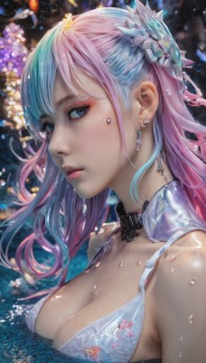 1girl,solo,long hair,breasts,looking at viewer,bangs,blue eyes,large breasts,hair ornament,cleavage,bare shoulders,jewelry,medium breasts,blue hair,collarbone,upper body,pink hair,multicolored hair,earrings,parted lips,choker,blurry,from side,two-tone hair,lips,wet,eyelashes,gradient hair,makeup,blurry background,lipstick,eyeshadow,realistic,nose,mascara,swimsuit,bikini,shiny,artist name,water,collar,shiny skin,gem,water drop,eyeliner