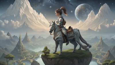 1girl,solo,long hair,brown hair,gloves,standing,ponytail,boots,outdoors,sky,cloud,water,bag,armor,from side,tree,profile,night,animal,moon,backpack,high ponytail,star (sky),night sky,scenery,full moon,starry sky,mountain,fantasy,riding,wide shot,planet,horse,castle,landscape,cliff,horseback riding,reins,floating island,saddle,full body,closed eyes,cloudy sky,breastplate,plate armor