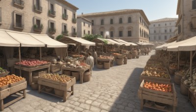 outdoors,food,sky,day,tree,blue sky,no humans,window,fruit,chair,table,plant,building,scenery,basket,road,house,bread,street,meat,vegetable,town,barrel,pavement,crate,shadow,umbrella,sunlight,fantasy,apple,potted plant,shade,shop,cart