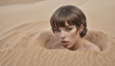 1girl,solo,looking at viewer,short hair,bangs,blue eyes,brown hair,jewelry,nude,earrings,parted lips,water,mole,lips,grey eyes,mole under eye,partially submerged,realistic,nose,bathing,bath,bathtub,teeth,eyelashes,portrait,brown background,sand,sepia,brown theme,desert