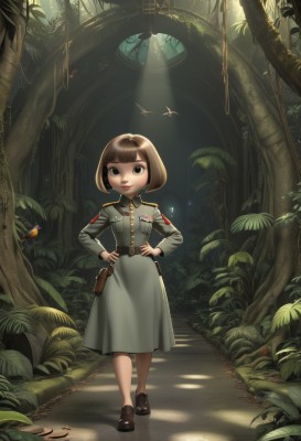 1girl,solo,looking at viewer,smile,short hair,bangs,brown hair,long sleeves,dress,brown eyes,closed mouth,standing,full body,outdoors,shoes,day,belt,blunt bangs,black footwear,uniform,black eyes,tree,military,military uniform,shadow,bird,leaf,brown footwear,sunlight,bob cut,bug,plant,loafers,nature,forest,walking,hands on hips,pouch,light rays,red lips,sunbeam,belt pouch,skirt,signature,lips,grass,scenery,grey skirt,epaulettes,no socks,world war ii