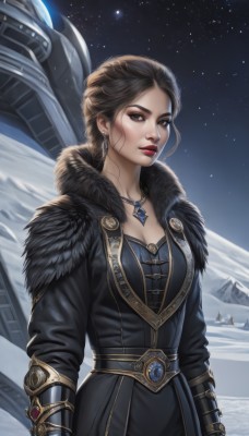 1girl,solo,breasts,looking at viewer,short hair,brown hair,black hair,gloves,dress,cleavage,brown eyes,jewelry,medium breasts,earrings,outdoors,sky,necklace,lips,coat,fur trim,makeup,night,lipstick,gauntlets,gem,star (sky),night sky,snow,pendant,starry sky,science fiction,mountain,nose,red lips,winter,spacecraft,long hair,belt,artist name,fur collar,realistic