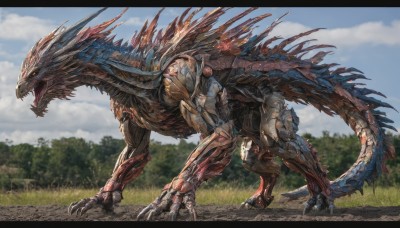 solo,open mouth,red eyes,standing,tail,outdoors,sky,teeth,day,cloud,tree,no humans,glowing,fangs,cloudy sky,grass,robot,sharp teeth,nature,mecha,glowing eyes,claws,spikes,science fiction,monster,dragon,scales,dinosaur,kaijuu,horns,blurry,letterboxed,forest