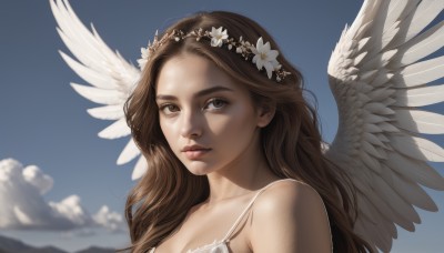 1girl,solo,long hair,looking at viewer,smile,brown hair,hair ornament,bare shoulders,brown eyes,closed mouth,upper body,flower,outdoors,wings,sky,day,cloud,hair flower,blurry,blue sky,lips,portrait,feathered wings,angel wings,realistic,nose,white wings,angel,head wreath,breasts,cleavage,cloudy sky