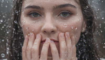 1girl, solo, long hair, looking at viewer, brown hair, brown eyes, lips, fingernails, eyelashes, thick eyebrows, portrait, close-up, bubble, water drop, underwater, realistic, nose, air bubble