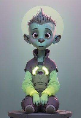 solo,looking at viewer,smile,1boy,animal ears,brown eyes,sitting,male focus,pointy ears,colored skin,child,furry,seiza,furry male,male child,green skin,mohawk,simple background,jacket,black eyes,vest,blue skin,grey skin,cyberpunk,hands on lap