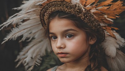 1girl,solo,long hair,looking at viewer,brown hair,brown eyes,closed mouth,braid,blurry,black eyes,lips,eyelashes,single braid,feathers,portrait,realistic,nose,headdress,feather hair ornament,hair ornament,leaf