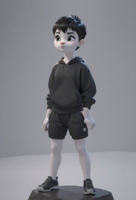 solo,short hair,simple background,black hair,long sleeves,1boy,closed mouth,standing,full body,male focus,shoes,shorts,hood,grey background,black footwear,black eyes,hoodie,black shorts,hood down,sneakers,child,furry,rock,arms at sides,drawstring,furry male,male child,black hoodie,white background