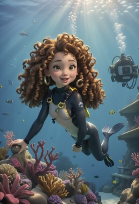 1girl,solo,long hair,breasts,smile,open mouth,brown hair,brown eyes,jewelry,swimsuit,full body,earrings,small breasts,dark skin,dark-skinned female,lips,bodysuit,ocean,sunlight,monster girl,goggles,skin tight,fish,bubble,curly hair,watch,light rays,underwater,wristwatch,air bubble,watercraft,mermaid,sunbeam,swimming,diving mask,turtle,freediving,coral,wetsuit,seaweed,diving,looking at viewer,blush,water,bracelet,hoop earrings,rock,holding breath