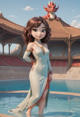 1girl,solo,long hair,breasts,looking at viewer,smile,brown hair,dress,bare shoulders,brown eyes,jewelry,medium breasts,closed mouth,standing,collarbone,earrings,small breasts,outdoors,detached sleeves,sky,sleeveless,day,cloud,water,necklace,white dress,blue sky,lips,hand on hip,covered navel,makeup,sleeveless dress,watermark,side slit,wading,dragon,pool,soaking feet,long dress