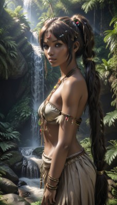 1girl,solo,long hair,breasts,looking at viewer,bangs,skirt,brown hair,black hair,hair ornament,navel,bare shoulders,brown eyes,jewelry,medium breasts,very long hair,standing,ponytail,braid,cowboy shot,small breasts,outdoors,parted lips,day,midriff,dark skin,water,necklace,bracelet,from side,dark-skinned female,tree,lips,single braid,sunlight,plant,gem,nature,armlet,forest,circlet,rock,realistic,nose,facepaint,dappled sunlight,river,waterfall,multi-tied hair,tribal,swimsuit,bikini,earrings,artist name,facial mark,piercing,bikini top only,freckles,braided ponytail,forehead mark,forehead jewel