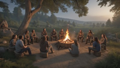 long hair,multiple girls,brown hair,shirt,black hair,sitting,short sleeves,boots,outdoors,food,multiple boys,sky,day,pants,tree,grass,fire,blue shirt,nature,scenery,forest,6+boys,topless male,rock,cooking,burning,log,tent,campfire,short hair,dress,nude,barefoot,3girls,tattoo,muscular,facial hair,crossed arms,squatting,muscular male,beard,sunset,mountain,bald,on ground,body hair,tree stump,wood