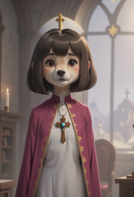 1girl,solo,looking at viewer,blush,smile,short hair,bangs,brown hair,long sleeves,hat,dress,brown eyes,jewelry,upper body,indoors,medium hair,necklace,white dress,blurry,window,depth of field,blurry background,white headwear,chair,bob cut,cross,furry,dog,furry female,candle,latin cross,church,candlestand,black hair,closed mouth,thick eyebrows,fire,child,robe,arms at sides,female child