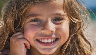 1girl,solo,long hair,looking at viewer,smile,open mouth,blue eyes,blonde hair,brown hair,teeth,grin,lips,portrait,close-up,hand on own face,freckles,head rest,realistic,nose,artist name,signature,eyelashes,messy hair