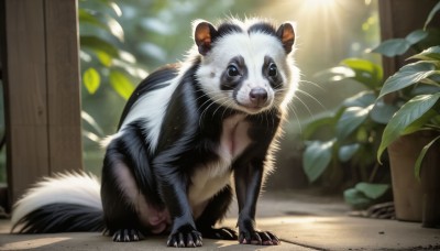 HQ,solo,looking at viewer,blue eyes,closed mouth,full body,outdoors,day,blurry,no humans,depth of field,blurry background,animal,leaf,sunlight,cat,plant,claws,realistic,animal focus,whiskers,standing,black eyes,pokemon (creature),fangs,watermark,white fur