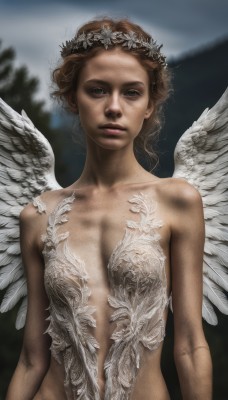 1girl,solo,breasts,looking at viewer,short hair,brown hair,navel,bare shoulders,brown eyes,collarbone,upper body,nude,small breasts,wings,blurry,lips,blurry background,feathered wings,freckles,angel wings,realistic,white wings,arms at sides,angel,head wreath,cleavage,medium breasts