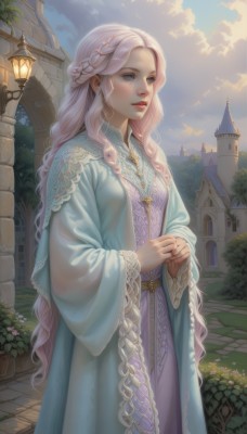 1girl,solo,long hair,breasts,blue eyes,long sleeves,dress,jewelry,very long hair,standing,pink hair,braid,flower,earrings,outdoors,parted lips,sky,day,cloud,wide sleeves,necklace,tree,lips,makeup,blue dress,wavy hair,cloudy sky,own hands together,cross,plant,building,gem,purple dress,french braid,pendant,curly hair,robe,fantasy,cross necklace,lamppost,castle,arch,hair ornament,white hair,blue sky,sunlight,ring,half updo