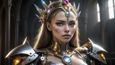 HQ,1girl,solo,long hair,looking at viewer,blue eyes,blonde hair,brown hair,upper body,parted lips,teeth,artist name,indoors,armor,blurry,lips,eyelashes,makeup,blurry background,tiara,crown,shoulder armor,gem,portrait,pauldrons,realistic,nose,shoulder pads,mole,facial mark,sunlight,eyeshadow,backlighting,pink lips,facepaint,pillar