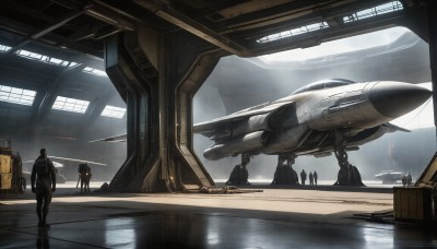 HQ,standing,weapon,multiple boys,signature,uniform,military,military uniform,helmet,robot,scenery,mecha,science fiction,6+boys,realistic,aircraft,military vehicle,airplane,pilot suit,multiple others,vehicle focus,spacecraft,jet,fighter jet,pilot,ground vehicle,reflection,rain