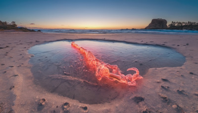 outdoors, sky, water, tree, no humans, ocean, beach, scenery, science fiction, sunset, sand