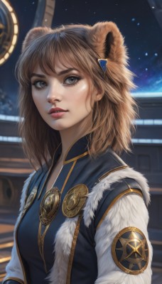 1girl,solo,long hair,looking at viewer,bangs,brown hair,hair ornament,animal ears,brown eyes,upper body,parted lips,sky,artist name,medium hair,blurry,lips,grey eyes,fur trim,blurry background,star (sky),starry sky,freckles,realistic,nose,space,lion ears,breasts,short hair,medium breasts,jacket,outdoors,star (symbol),vest,eyelashes,makeup,night,red lips,badge,bear ears