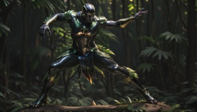 solo,1boy,standing,full body,male focus,outdoors,alternate costume,dark skin,armor,blurry,official alternate costume,tree,bodysuit,muscular,blurry background,glowing,colored skin,dark-skinned male,helmet,plant,muscular male,shoulder armor,nature,glowing eyes,forest,green skin,black skin,no humans,outstretched arms,fighting stance,loincloth