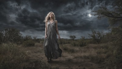 1girl,solo,long hair,blonde hair,dress,bare shoulders,jewelry,standing,outdoors,sky,cloud,tree,night,moon,cloudy sky,grass,nature,full moon,forest,walking,realistic,black dress,night sky