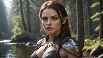 1girl,solo,long hair,breasts,looking at viewer,large breasts,brown hair,cleavage,brown eyes,medium breasts,closed mouth,upper body,outdoors,day,artist name,signature,water,armor,blurry,tree,lips,eyelashes,depth of field,blurry background,sunlight,shoulder armor,portrait,nature,forest,pauldrons,rock,realistic,nose,shoulder pads,river,parted lips,plant,forehead,dappled sunlight