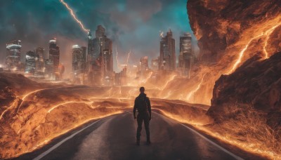 solo,1boy,standing,male focus,outdoors,sky,cloud,from behind,cloudy sky,building,scenery,smoke,science fiction,city,electricity,road,cityscape,skyscraper,lightning