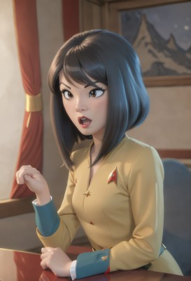 1girl,solo,breasts,short hair,open mouth,bangs,brown hair,black hair,long sleeves,brown eyes,sitting,jacket,upper body,teeth,tongue,belt,artist name,indoors,medium hair,blurry,uniform,lips,military,window,military uniform,blurry background,upper teeth only,chair,table,curtains,clenched hand,nose,soviet,blush,swept bangs,bob cut,yellow shirt