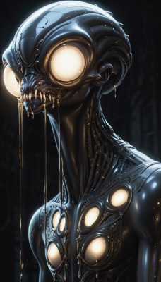 1girl,solo,open mouth,upper body,teeth,shiny,shiny skin,no humans,saliva,glowing,sharp teeth,1other,science fiction,monster,white eyes,dripping,slime (substance),alien,breasts,simple background,jewelry,collarbone,nude,earrings,small breasts,colored skin,helmet,black background