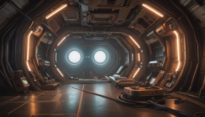 indoors,no humans,glowing,robot,scenery,reflection,science fiction,light,cable,machine,mecha,machinery,realistic,tiles,spacecraft,lights,cockpit,screen