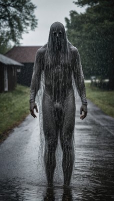 solo,long hair,1boy,standing,full body,male focus,outdoors,water,blurry,tree,wet,no humans,blurry background,building,wet clothes,1other,rain,monster,house,puddle,horror (theme),looking at viewer,colored skin,facing viewer,road,grey skin,alien,black skin