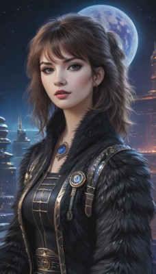 1girl,solo,long hair,breasts,looking at viewer,bangs,brown hair,brown eyes,jewelry,upper body,earrings,outdoors,parted lips,sky,necklace,lips,coat,fur trim,makeup,night,moon,lipstick,building,gem,star (sky),night sky,full moon,pendant,starry sky,freckles,city,nose,red lips,cityscape,jacket,open clothes,black jacket,eyelashes,wavy hair,realistic